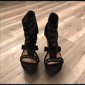 Black Suede & Gold Toe Wedge Platform Heel Shoes